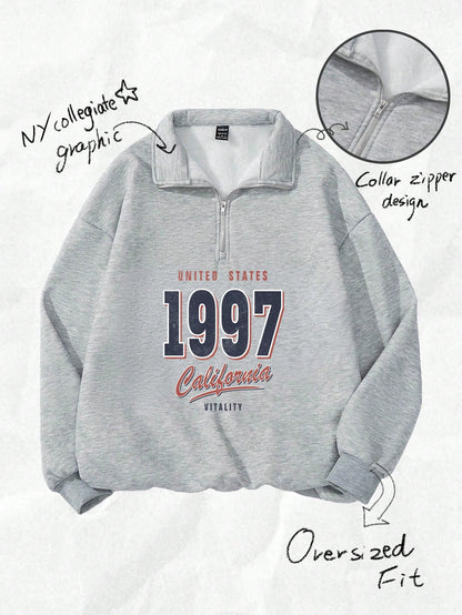 Attitoon Attitoon Retro American Campus Style Casual Oversized Unisex Women's Loose Half-Zip High Neck Fleece Hoodie, Suitable For Autumn/Winter