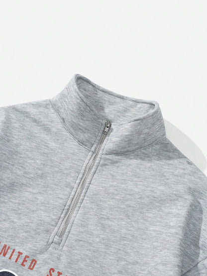 Attitoon Attitoon Retro American Campus Style Casual Oversized Unisex Women's Loose Half-Zip High Neck Fleece Hoodie, Suitable For Autumn/Winter