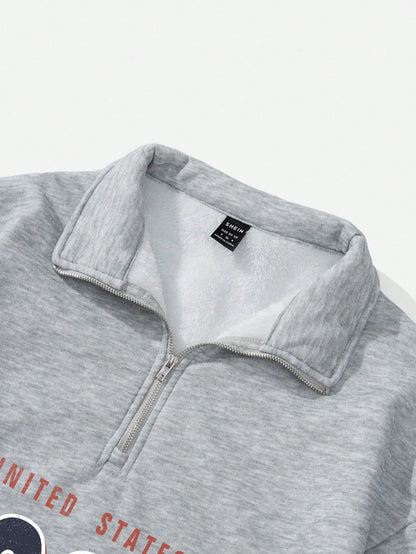 Attitoon Attitoon Retro American Campus Style Casual Oversized Unisex Women's Loose Half-Zip High Neck Fleece Hoodie, Suitable For Autumn/Winter