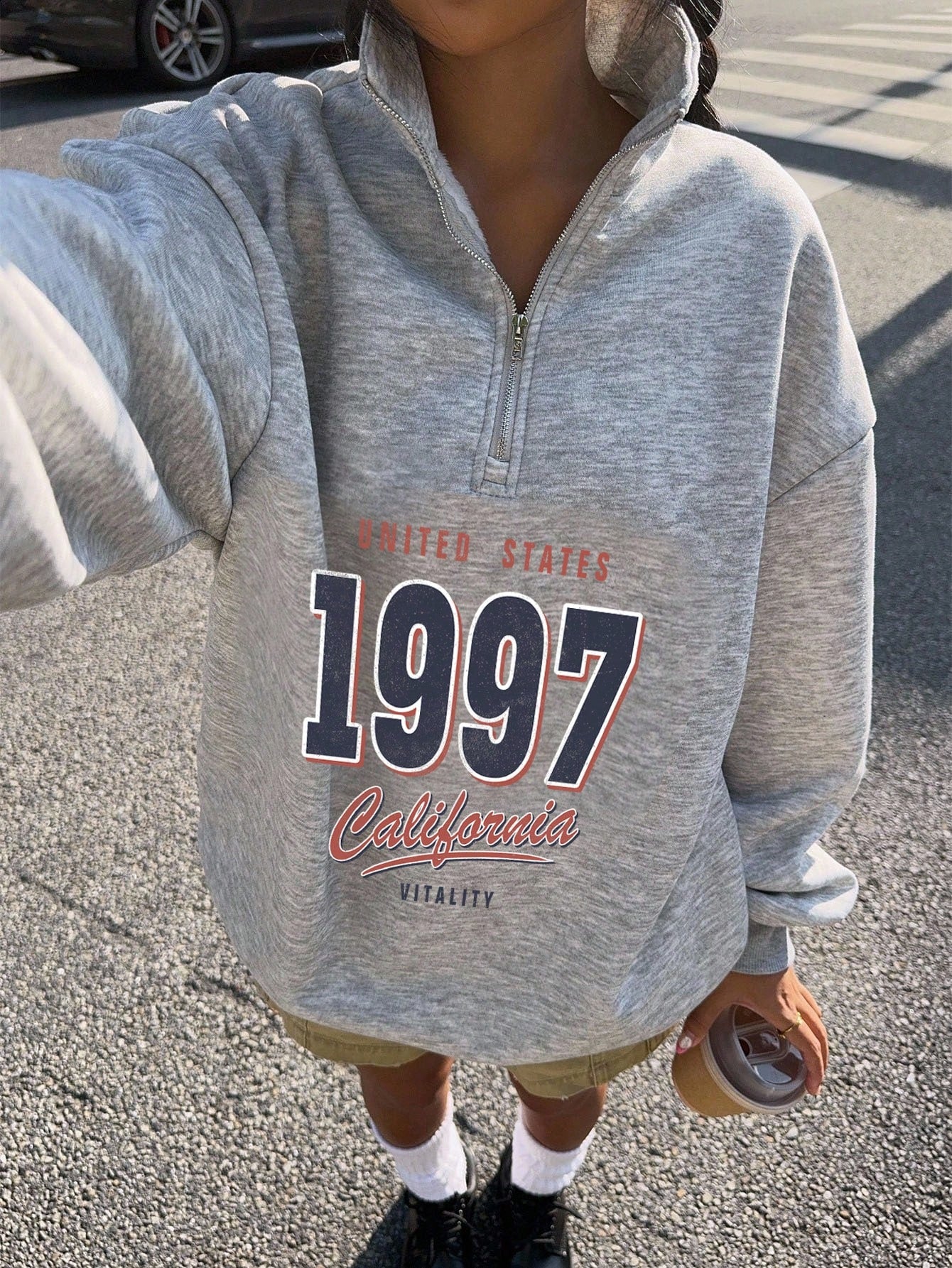 Attitoon Attitoon Retro American Campus Style Casual Oversized Unisex Women's Loose Half-Zip High Neck Fleece Hoodie, Suitable For Autumn/Winter