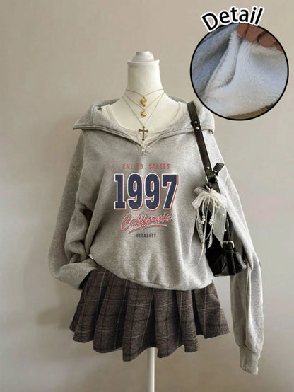 Attitoon Attitoon Retro American Campus Style Casual Oversized Unisex Women's Loose Half-Zip High Neck Fleece Hoodie, Suitable For Autumn/Winter