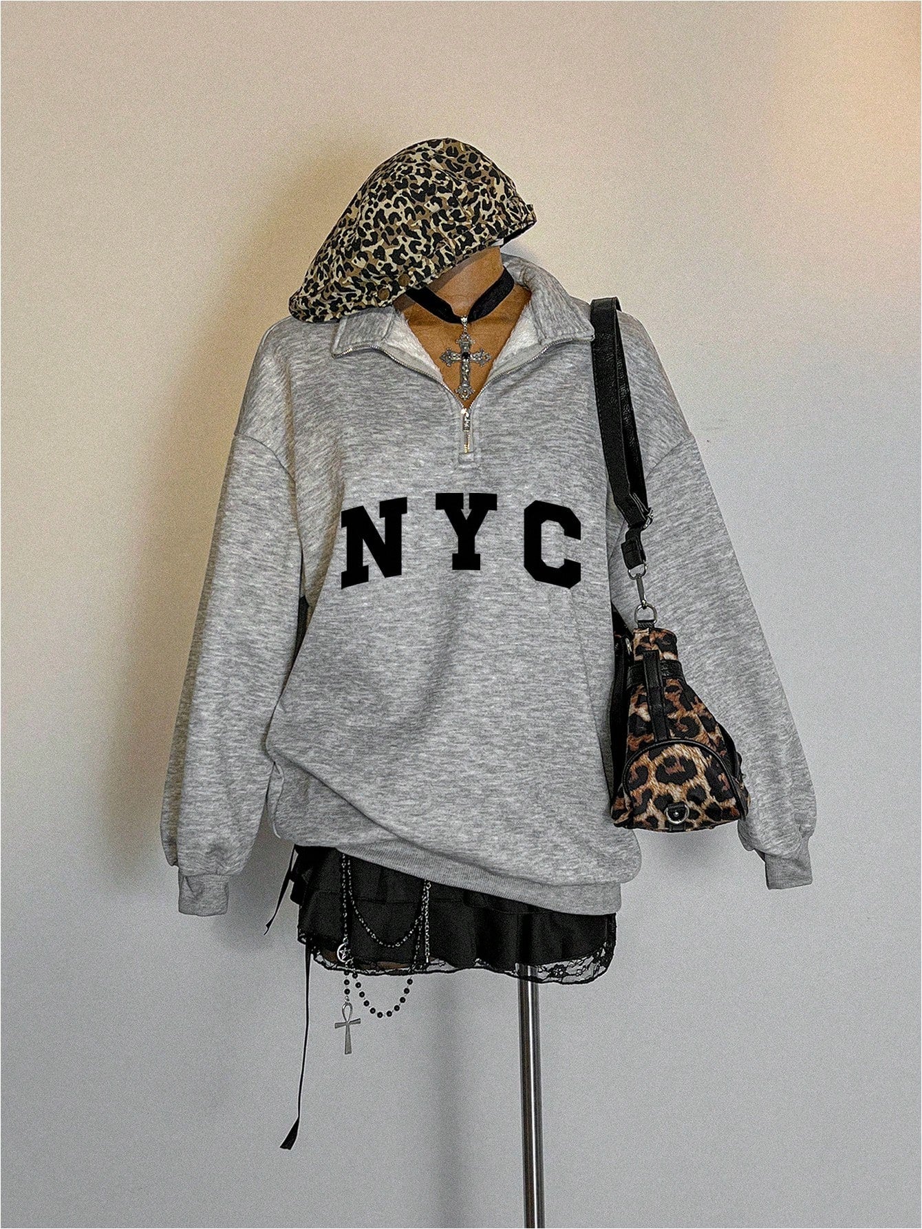 Attitoon Attitoon Retro American Campus Style Casual Oversized Unisex Women's Loose Half-Zip High Neck Fleece Hoodie, Suitable For Autumn/Winter