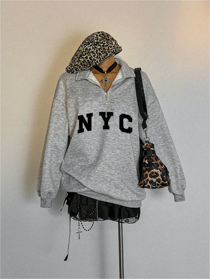 Attitoon Attitoon Retro American Campus Style Casual Oversized Unisex Women's Loose Half-Zip High Neck Fleece Hoodie, Suitable For Autumn/Winter