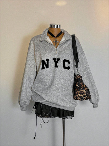 Attitoon Attitoon Retro American Campus Style Casual Oversized Unisex Women's Loose Half-Zip High Neck Fleece Hoodie, Suitable For Autumn/Winter