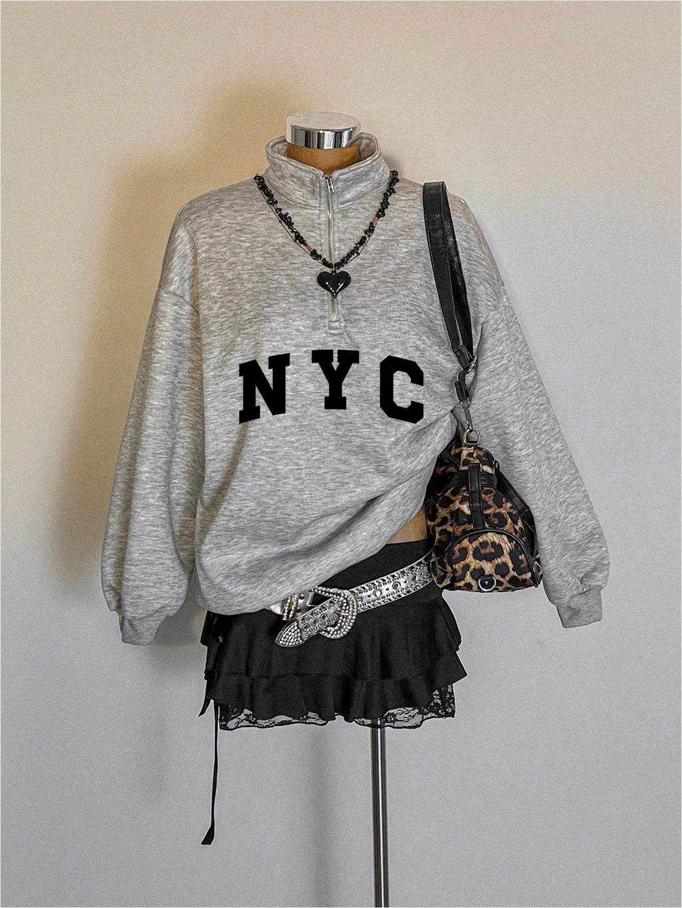 Attitoon Attitoon Retro American Campus Style Casual Oversized Unisex Women's Loose Half-Zip High Neck Fleece Hoodie, Suitable For Autumn/Winter