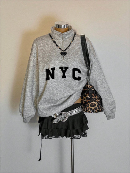 Attitoon Attitoon Retro American Campus Style Casual Oversized Unisex Women's Loose Half-Zip High Neck Fleece Hoodie, Suitable For Autumn/Winter