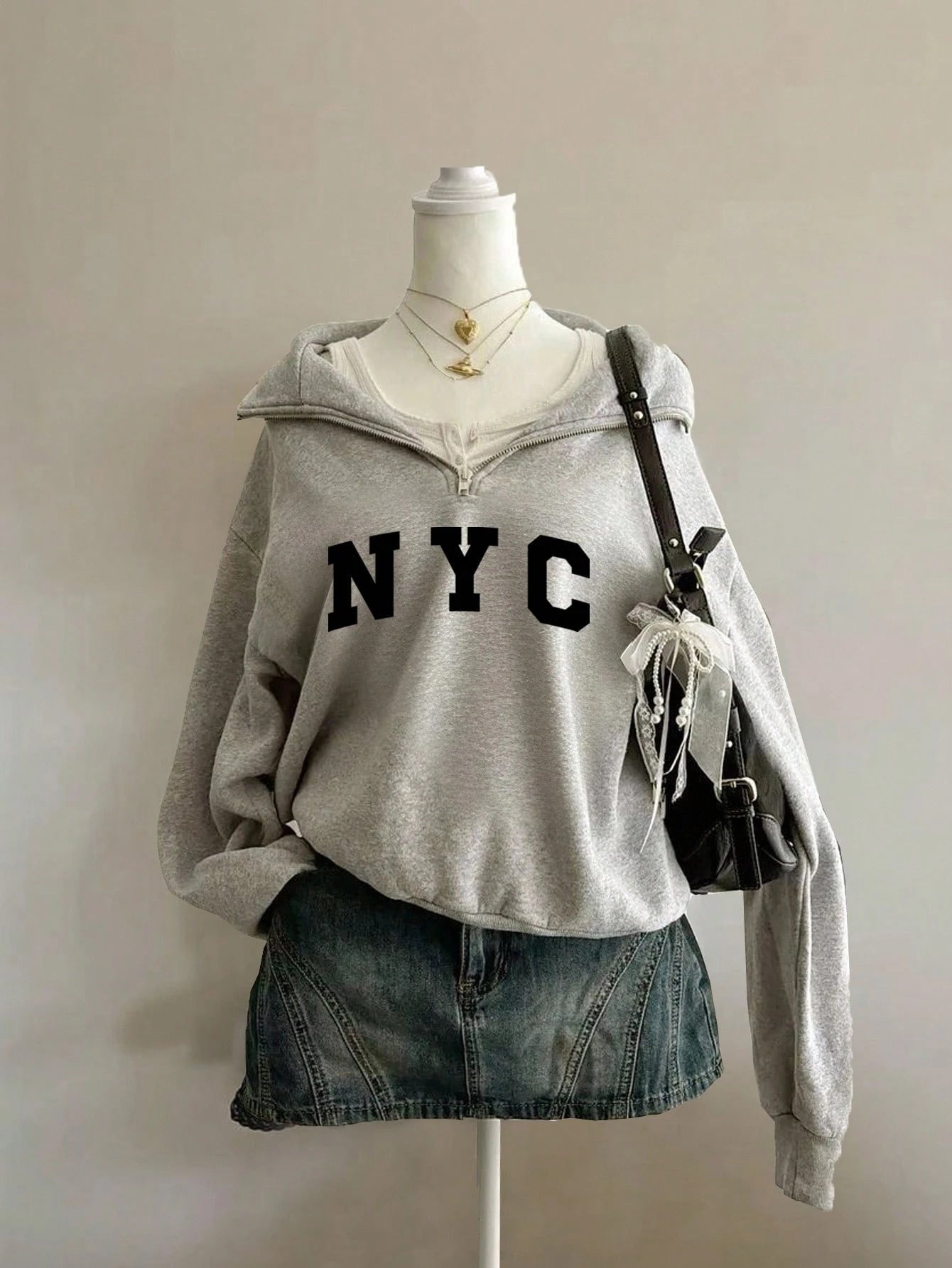 Attitoon Attitoon Retro American Campus Style Casual Oversized Unisex Women's Loose Half-Zip High Neck Fleece Hoodie, Suitable For Autumn/Winter