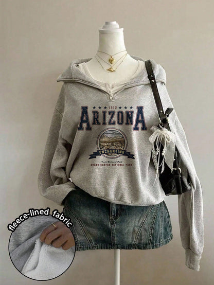 Attitoon Attitoon Retro American Campus Style Casual Oversized Unisex Women's Loose Half-Zip High Neck Fleece Hoodie, Suitable For Autumn/Winter