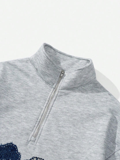 Attitoon Attitoon Retro American Campus Style Casual Oversized Unisex Women's Loose Half-Zip High Neck Fleece Hoodie, Suitable For Autumn/Winter