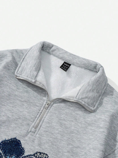 Attitoon Attitoon Retro American Campus Style Casual Oversized Unisex Women's Loose Half-Zip High Neck Fleece Hoodie, Suitable For Autumn/Winter