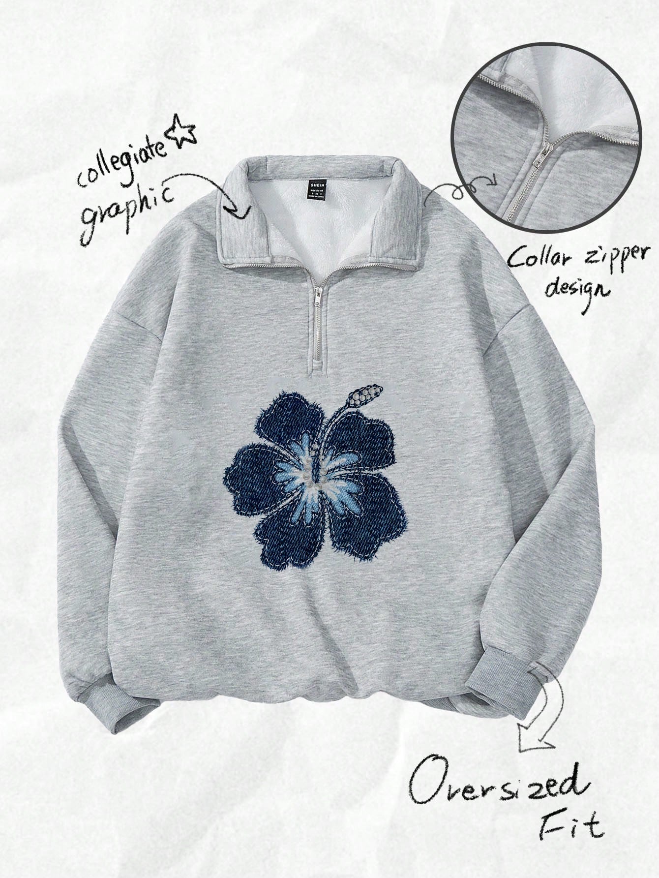 Attitoon Attitoon Retro American Campus Style Casual Oversized Unisex Women's Loose Half-Zip High Neck Fleece Hoodie, Suitable For Autumn/Winter