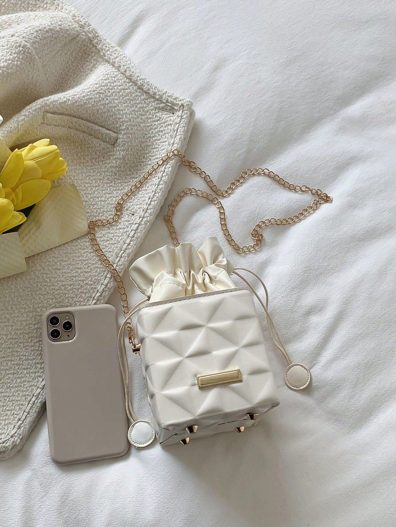 Women's Drawstring Closure Square Mini Chain Crossbody Bag