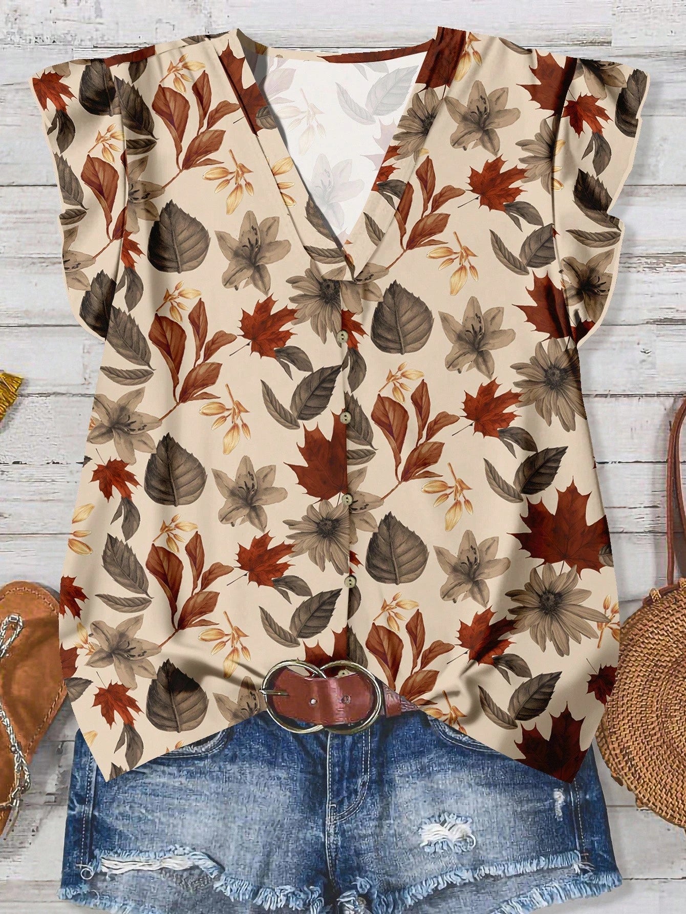 EMERY ROSE Women's Floral & Maple Leaf Print Casual Shirt, Suitable For Autumn,Fall Clothes For Women