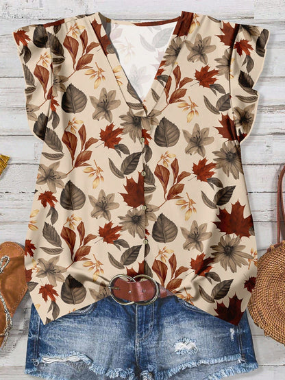 EMERY ROSE Women's Floral & Maple Leaf Print Casual Shirt, Suitable For Autumn,Fall Clothes For Women