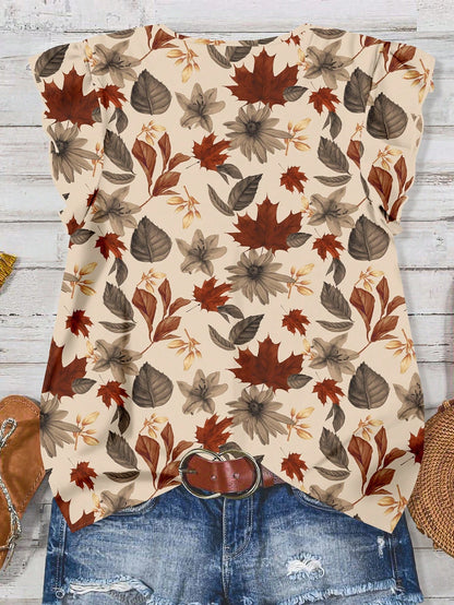 EMERY ROSE Women's Floral & Maple Leaf Print Casual Shirt, Suitable For Autumn,Fall Clothes For Women