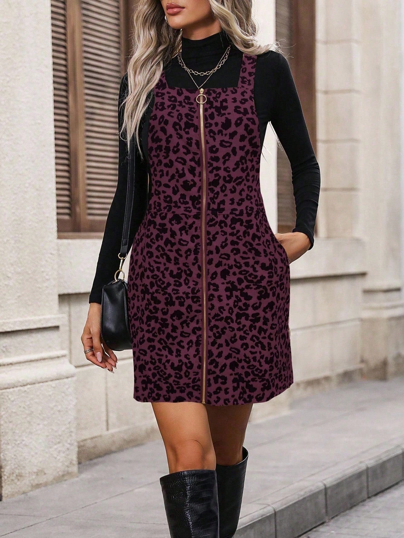 SHEIN LUNE O-ring Zip Up Corduroy Overall Dress