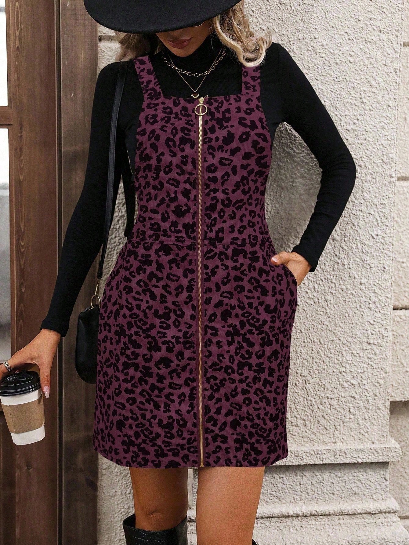 SHEIN LUNE O-ring Zip Up Corduroy Overall Dress