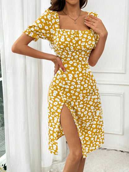 Women's Random Printed Simple Daily Short-Sleeved Square Neck Dress Vacation Beach Outfit