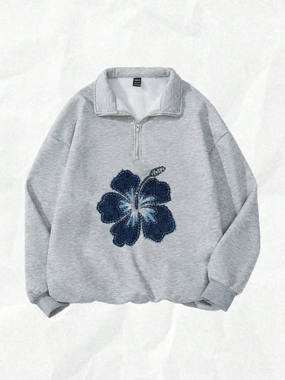 Attitoon Attitoon Retro American Campus Style Casual Oversized Unisex Women's Loose Half-Zip High Neck Fleece Hoodie, Suitable For Autumn/Winter