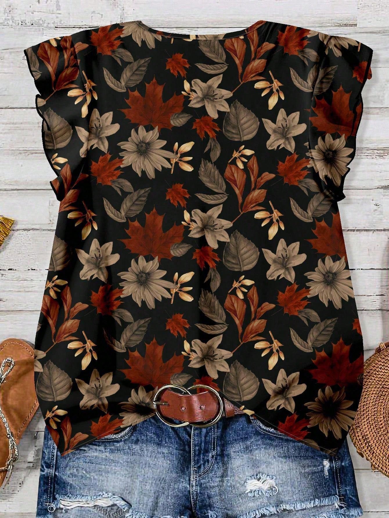 EMERY ROSE Women's Floral & Maple Leaf Print Casual Shirt, Suitable For Autumn,Fall Clothes For Women