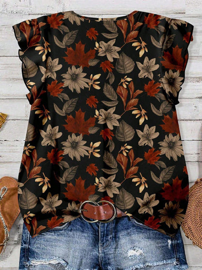 EMERY ROSE Women's Floral & Maple Leaf Print Casual Shirt, Suitable For Autumn,Fall Clothes For Women