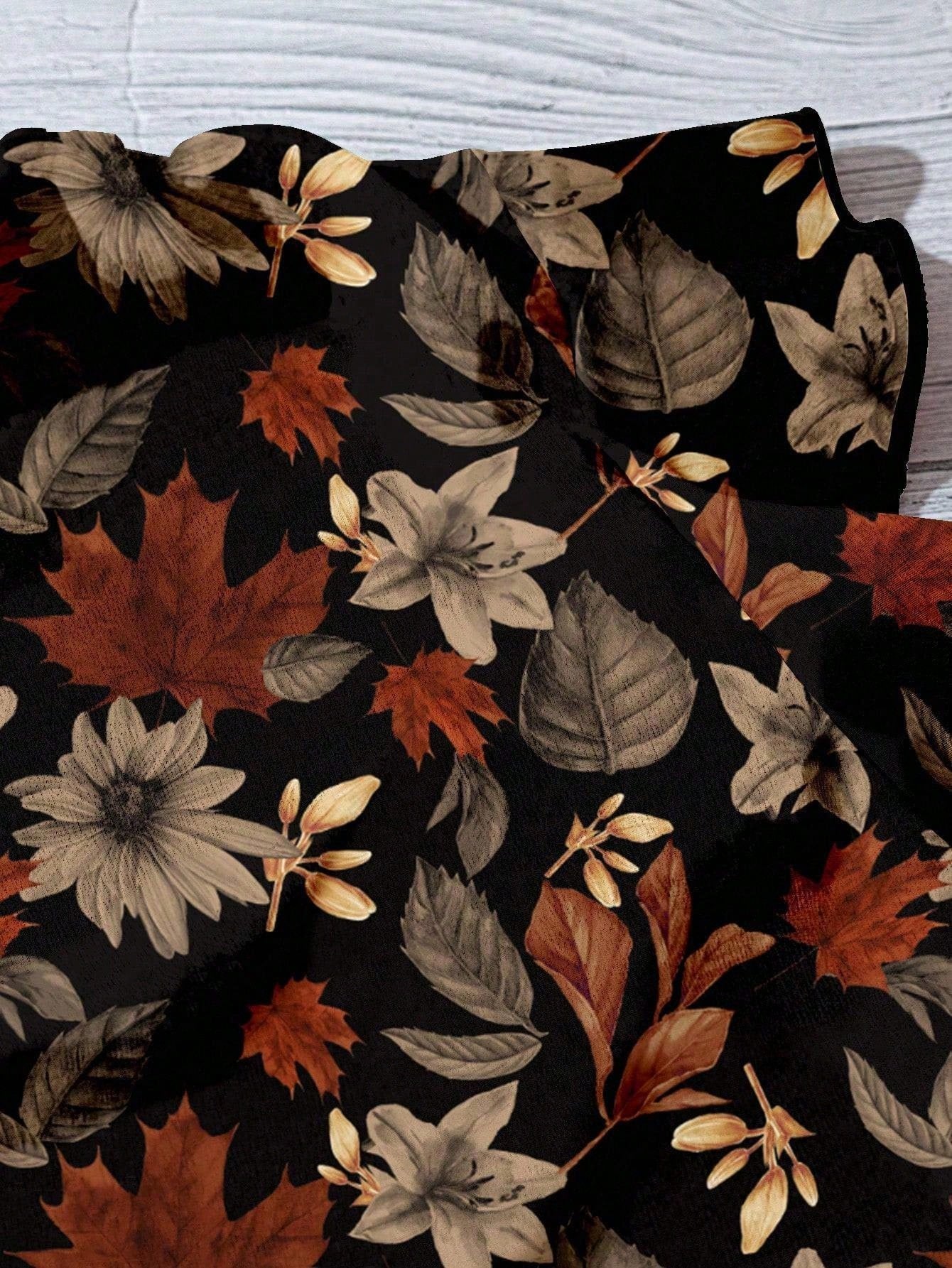 EMERY ROSE Women's Floral & Maple Leaf Print Casual Shirt, Suitable For Autumn,Fall Clothes For Women