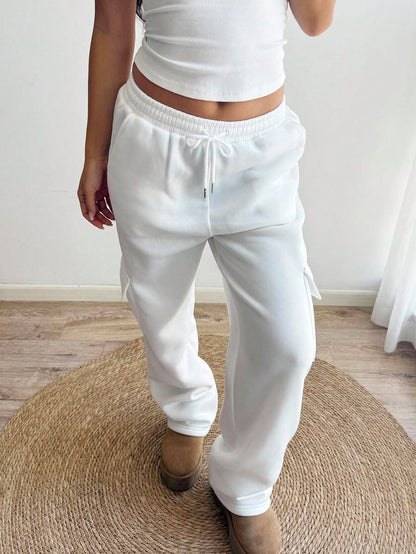 Flirla Flap Pocket Side Drawstring Waist Sweatpants Graduation,Back To School Outfits,Graduation,Teacher Outfits For Women,Back To School Fall Cloth For Women