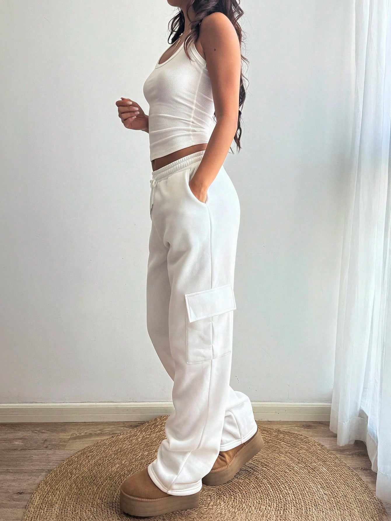 Flirla Flap Pocket Side Drawstring Waist Sweatpants Graduation,Back To School Outfits,Graduation,Teacher Outfits For Women,Back To School Fall Cloth For Women