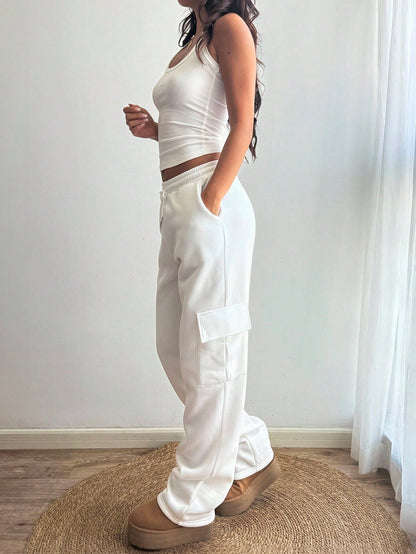 Flirla Flap Pocket Side Drawstring Waist Sweatpants Graduation,Back To School Outfits,Graduation,Teacher Outfits For Women,Back To School Fall Cloth For Women