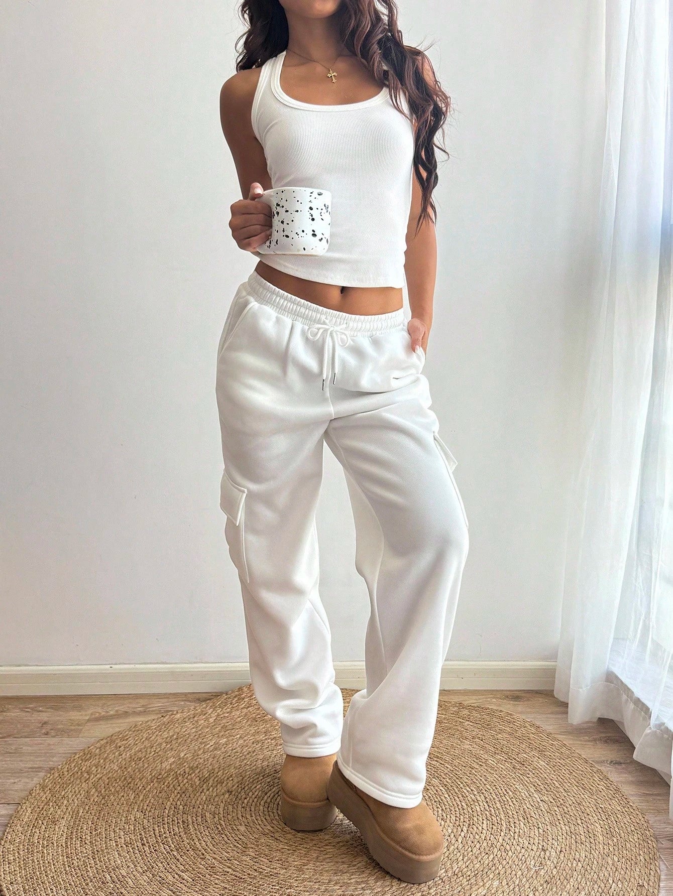 Flirla Flap Pocket Side Drawstring Waist Sweatpants Graduation,Back To School Outfits,Graduation,Teacher Outfits For Women,Back To School Fall Cloth For Women