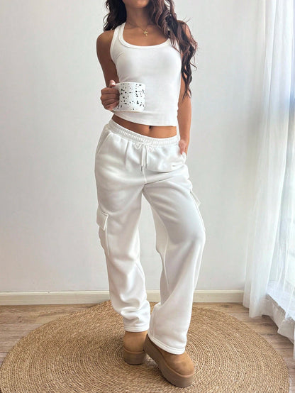 Flirla Flap Pocket Side Drawstring Waist Sweatpants Graduation,Back To School Outfits,Graduation,Teacher Outfits For Women,Back To School Fall Cloth For Women