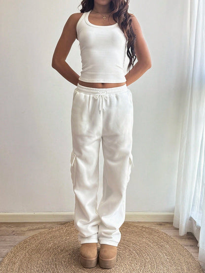 Flirla Flap Pocket Side Drawstring Waist Sweatpants Graduation,Back To School Outfits,Graduation,Teacher Outfits For Women,Back To School Fall Cloth For Women