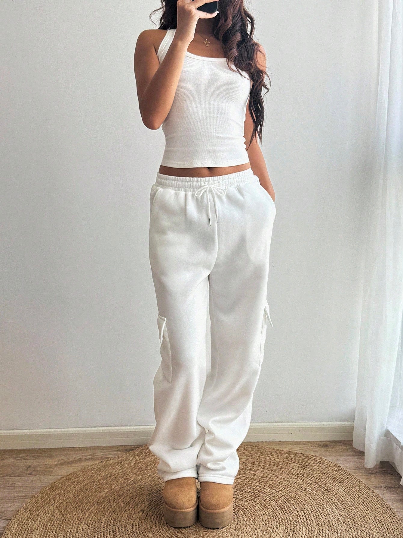 Flirla Flap Pocket Side Drawstring Waist Sweatpants Graduation,Back To School Outfits,Graduation,Teacher Outfits For Women,Back To School Fall Cloth For Women