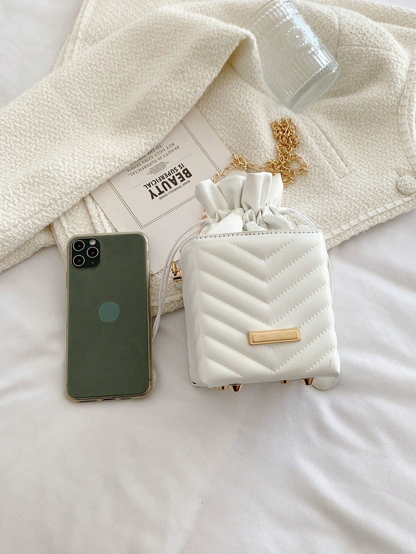 Women's Drawstring Closure Square Mini Chain Crossbody Bag