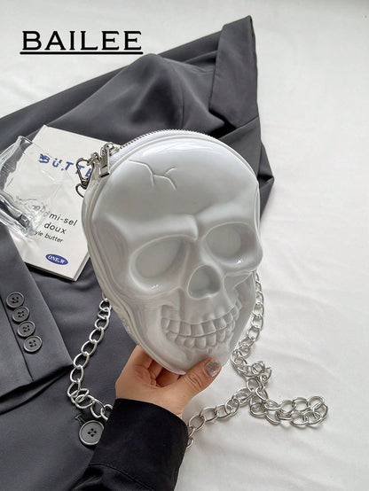 BAILEE 1 Pc Fashionable Personalized Punk Style And Cool Halloween Theme Solid Color Silicone Skull Bag With Zipper Closure And Metal Chain Design For Women's Crossbody Bag For Halloween Themed Party&Halloween Costume Matching&Halloween Gift
