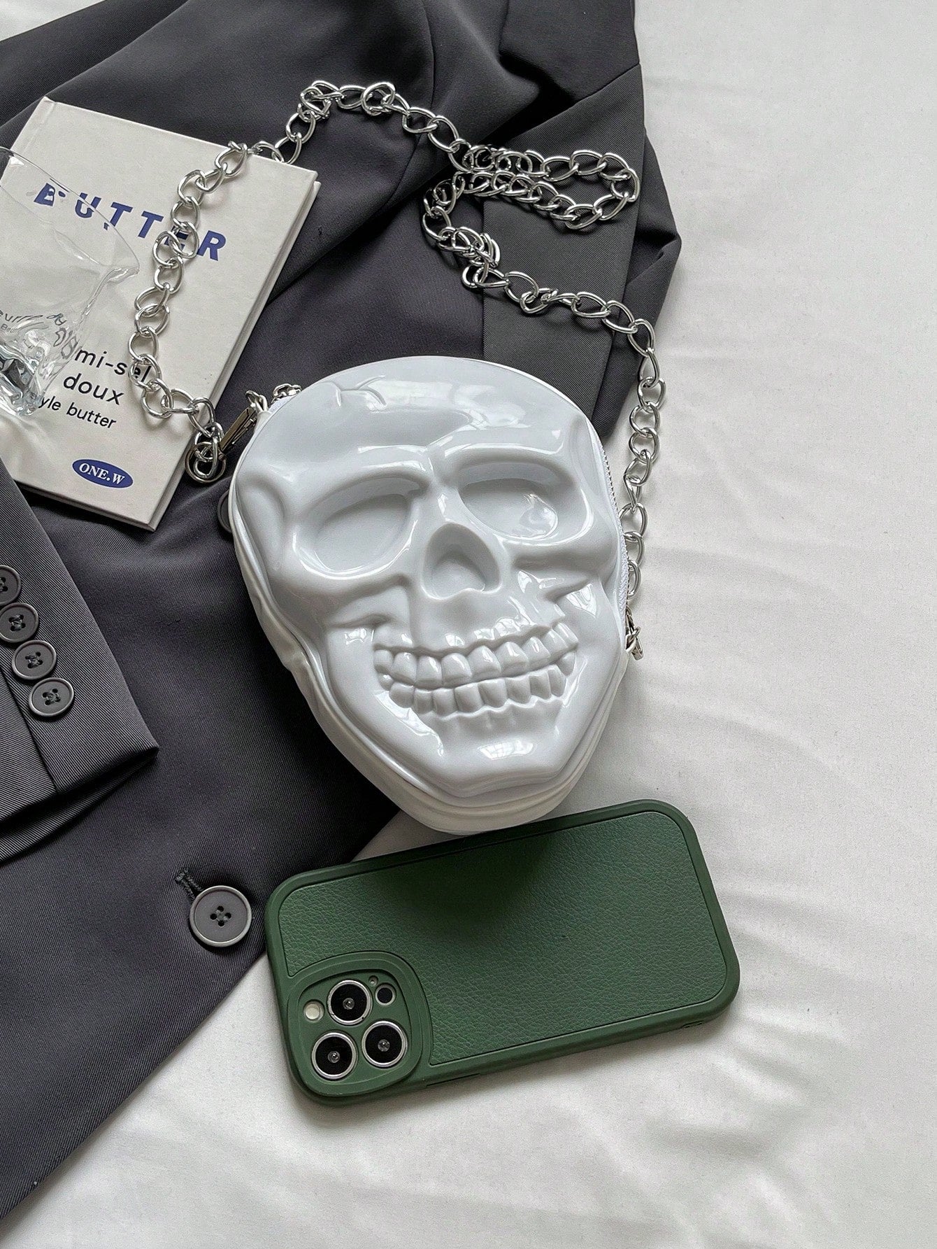 BAILEE 1 Pc Fashionable Personalized Punk Style And Cool Halloween Theme Solid Color Silicone Skull Bag With Zipper Closure And Metal Chain Design For Women's Crossbody Bag For Halloween Themed Party&Halloween Costume Matching&Halloween Gift