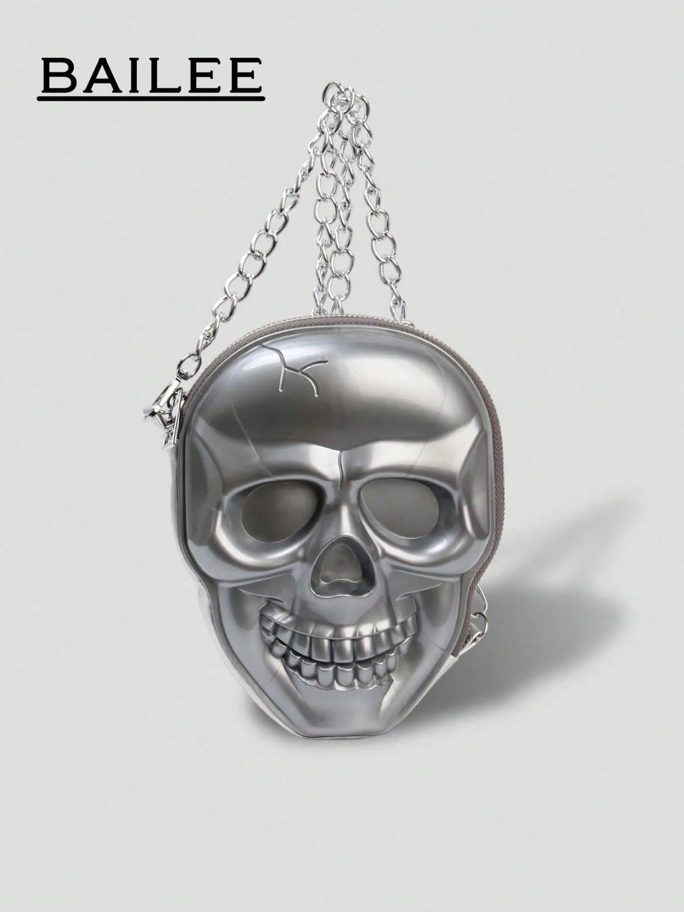 Personalized silicone bag, punk style and Halloween theme, with skull, zipper closure and metal chain design