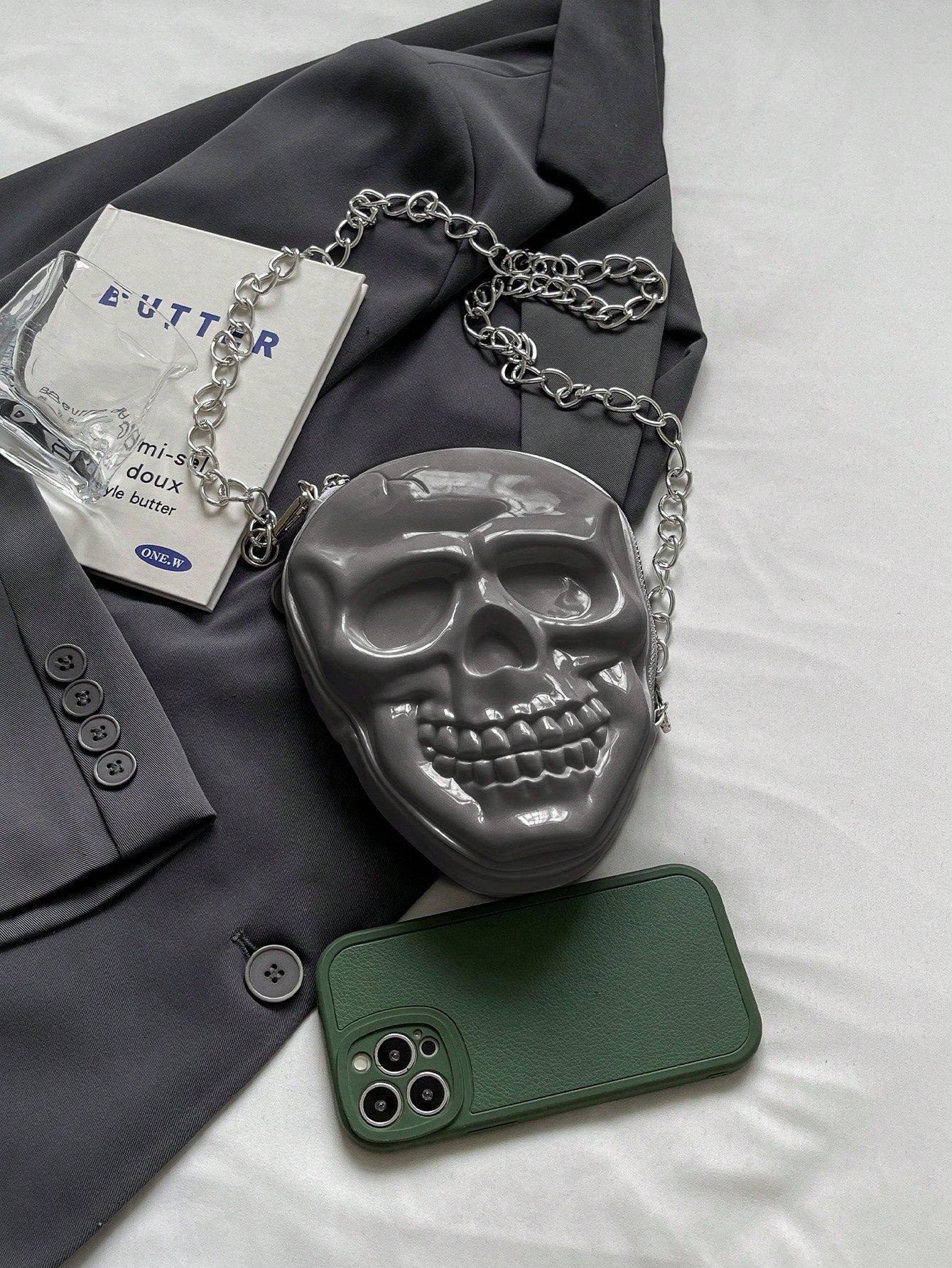 BAILEE 1 Pc Fashionable Personalized Punk Style And Cool Halloween Theme Solid Color Silicone Skull Bag With Zipper Closure And Metal Chain Design For Women's Crossbody Bag For Halloween Themed Party&Halloween Costume Matching&Halloween Gift