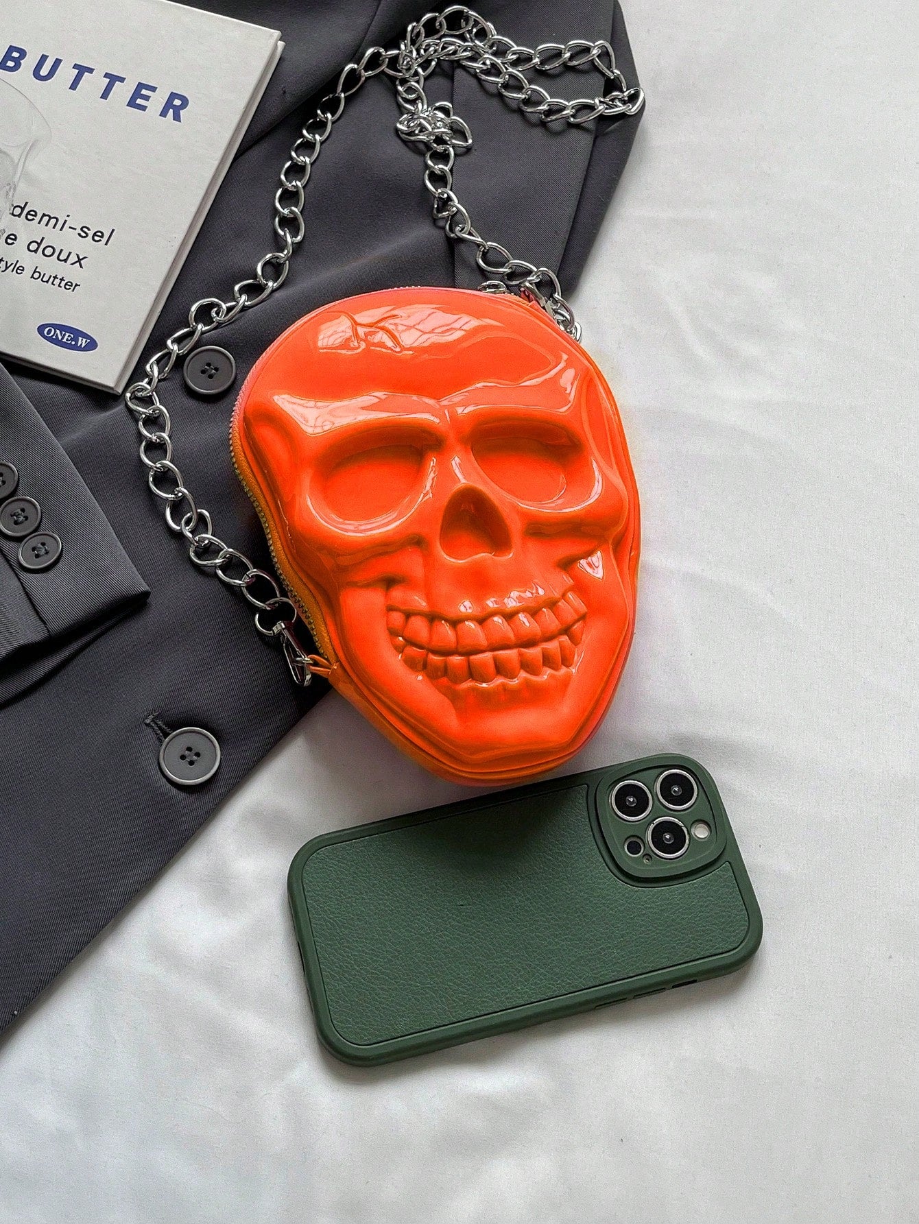 BAILEE 1 Pc Fashionable Personalized Punk Style And Cool Halloween Theme Solid Color Silicone Skull Bag With Zipper Closure And Metal Chain Design For Women's Crossbody Bag For Halloween Themed Party&Halloween Costume Matching&Halloween Gift