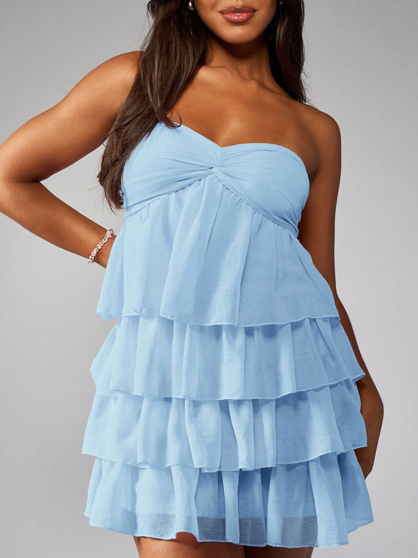 MISSGUIDED Strapless Mini Dress Tiered Ruffle Party Cocktail Wedding Guest Bridesmaid Twist Front Empire Waist