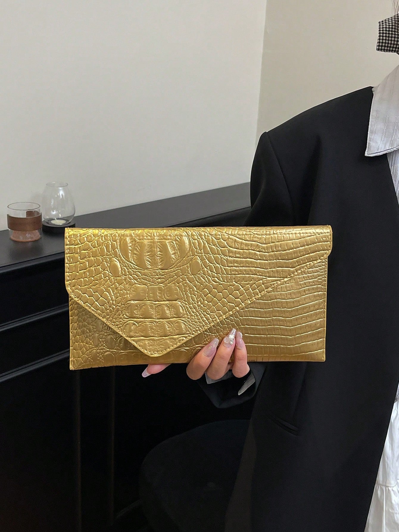Crocodile Print, Snake Print, Solid Color, Minimalist, Fashionable, Casual PU Clutch, Envelope Bag, Fashionable Clutch Bags For Woman